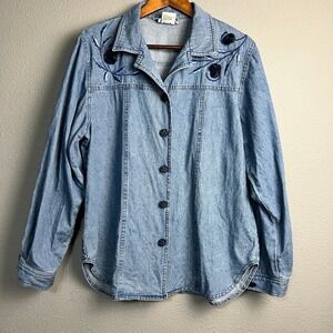 Nancy Bolen City Girl Denim Button Down Top Floral Embroidered Jean Jacket Sz 10